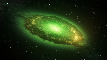 Obraz premium Green spiral galaxy rotating in deep space with stars