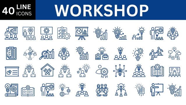Workshop set of web icons in line style. Business Workshop icons for web and mobile app. Containing team building, teamwork, coaching, meeting, managing, coaching, motivation and more