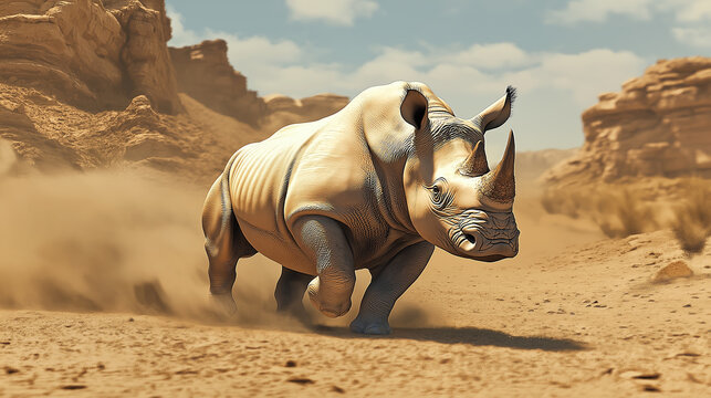 White rhinoceros running in the desert raising dust