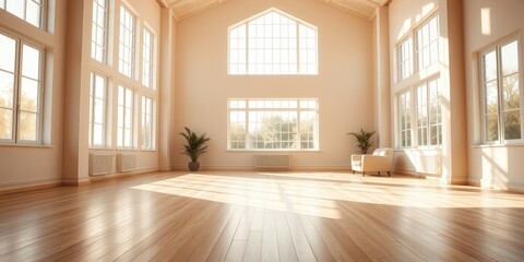 Obraz premium Sunlight streams through large windows in a spacious room with wood flooring, illuminating the empty space and creating a warm and inviting atmosphere.