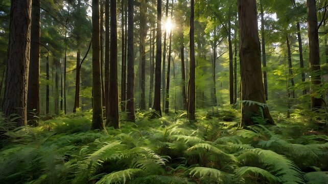 Serene forest scene with tall trees and lush green undergrowth.