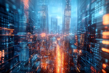 Obraz premium Futuristic Cityscape with Digital Data Streams. Concept of technology, urban, and innovation.