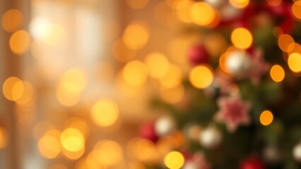 Fototapeta premium blurred Christmas background with decorated tree with red decorations and glistening golden lights