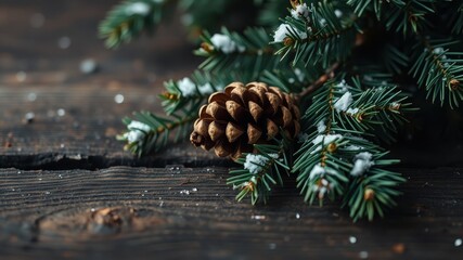 Obraz premium A Close-up of a Pine Cone on a Snowy Evergreen Branch Resting on a Dark Wooden Surface