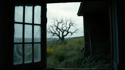 Fototapeta premium A solitary, bare-branched tree stands tall in the distance, its branches reaching towards a hazy sky, seen through a windowpane covered in a delicate web of cracks.