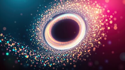 A swirling vortex of shimmering light particles forms a colorful halo around a central void.
