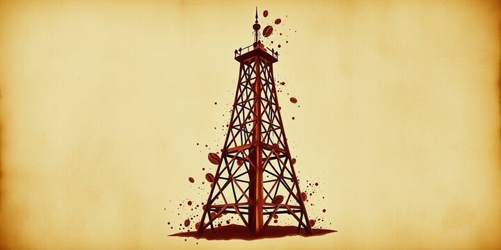 A Rustic Tower Emerging from a Field of Coffee Beans, a Vintage Illustration on Aged Paper