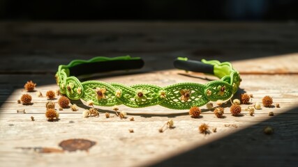 A delicate green headband with crocheted floral details rests on a weathered wooden surface, bathed in soft sunlight.