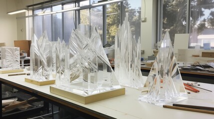 Modern glass artwork in progress soft natural light space on the right,generative ai illustration