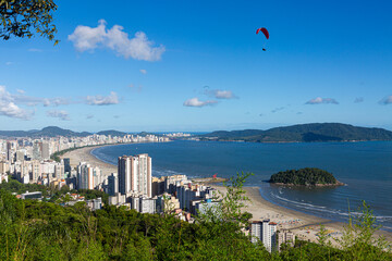 Aerial view of the city of Santos and its beaches, in the background the entrance to the port and the city of Guaruja