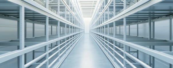 Obraz premium Warehouse layout design, sleek minimalist, gray metal and white, overhead view emphasis, featuring organized shelving and unobstructed pathways.
