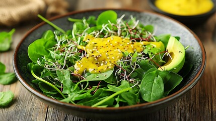 A healthy vegan salad spread on a rustic wooden table, filled with ingredients like spinach, avocado, and sprouts, with a side of dressing 