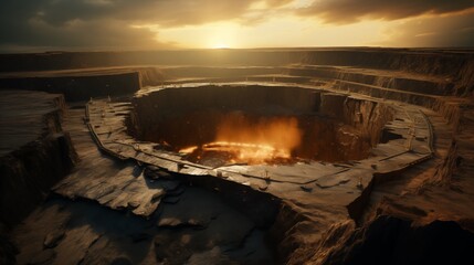 Fototapeta premium Open-pit coal mine at sunset, hard light, space in the center,generative ai illustration