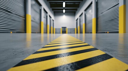 Fototapeta premium Warehouse safety signs, modern minimalist style, yellow and black colors, front view focus, with clean industrial background.