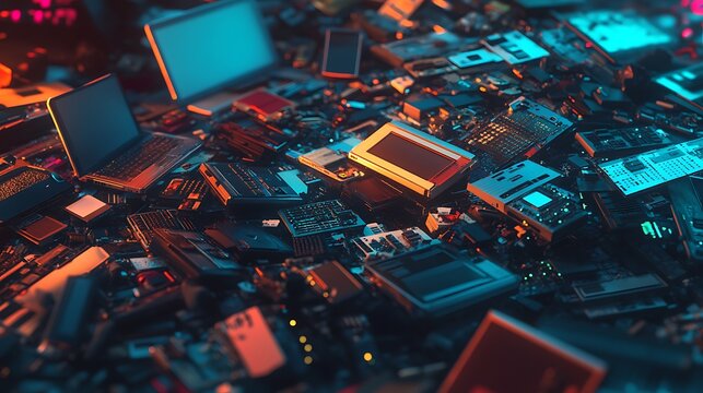 A vast pile of discarded electronics, illuminated with vibrant neon lighting;  a commentary on e-waste.