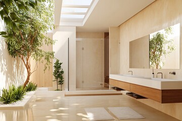 Fototapeta premium Modern bathroom design featuring natural light, plants, and sleek furnishings.