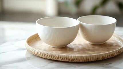 Two empty white bowls on a wooden tray.