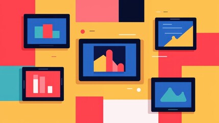 A vibrant illustration of various digital devices displaying colorful charts and graphs, set against a bold, abstract background.