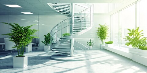 Modern interior featuring a spiral staircase and indoor plants in a bright, open space.