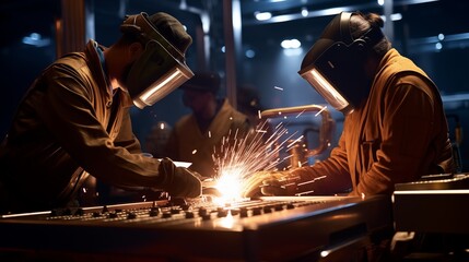 Welders working on metal frames, ambient light, space on the right,generative ai illustration