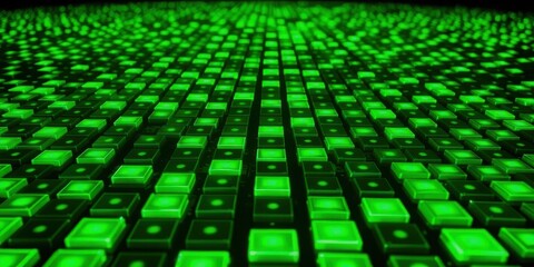 A glowing grid of green squares creates a captivating digital pattern, highlighting the beauty of geometric shapes and the dynamic potential of technology.