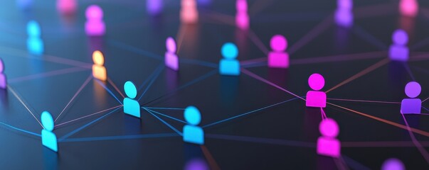 A vibrant digital network illustration featuring colorful human figures connected by lines, symbolizing social interaction and connectivity.