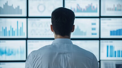 A person analyzes data on multiple digital screens displaying various graphs and metrics.