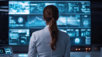 A woman in a lab coat analyzes data on large digital screens, surrounded by futuristic technology and glowing interfaces in a high-tech environment.