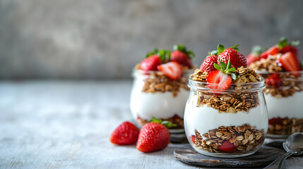 Strawberry parfait breakfast made with fresh fruit, yogurt and granola on a white table, with selective focus on the glass cup in front. Blurred background.
