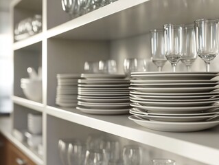 A neatly organized kitchen shelf displaying plates and glasses for dining.