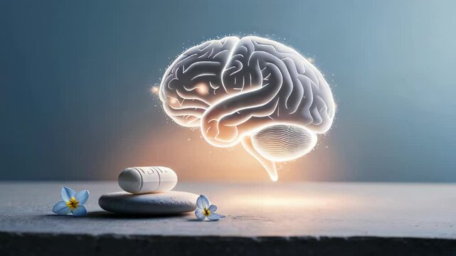 Glowing white brain hologram with a stacked pill and small blue flowers on a textured stone surface. Studio digital health and neurology concept.