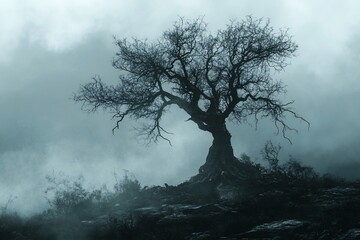 Lone, leafless tree on a misty hill.