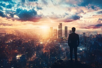 Fototapeta premium Businessman overlooking cityscape at sunrise. Concept of leadership, vision, and success.