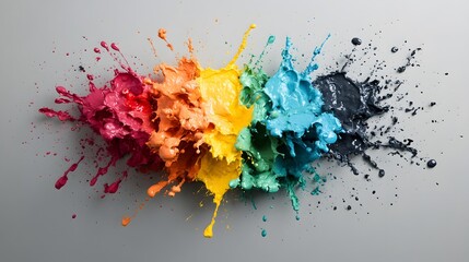 Artistic Photo of Bold Paint Drops in Heavy Dispersion Creating an Explosive Pattern on Gray Background