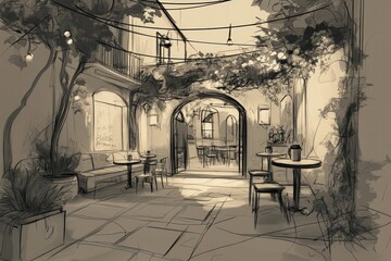A serene courtyard with tables, plants, and soft lighting, ideal for relaxation or socializing.