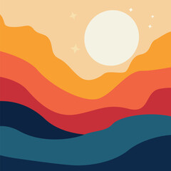 Abstract Sun and Gradient Sky with Wavy Layers Illustration