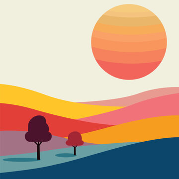 Stylized Landscape with Large Sun and Rolling Hills Illustration