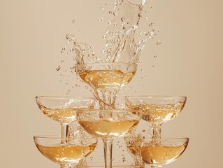 Festive pyramid of champagne glasses, light and stylish