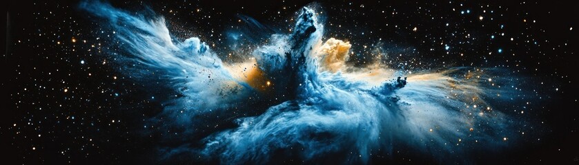 A vibrant cosmic scene depicting swirling clouds of gas and stars in deep space.