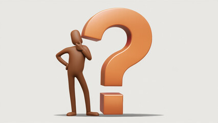 Contemplative Character with a Large Orange Question Symbol with Copy-Space