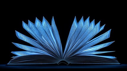 Glowing blue open book against a black background, pages fanned out like wings.