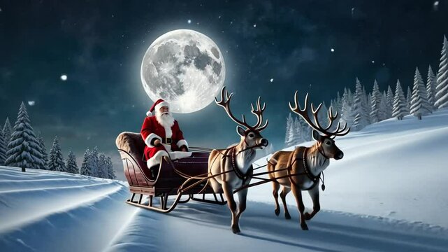 Santa flies in his sleigh with reindeer over a snowy, moonlit landscape. Twinkling stars and pastel hues create a magical, festive vibe.