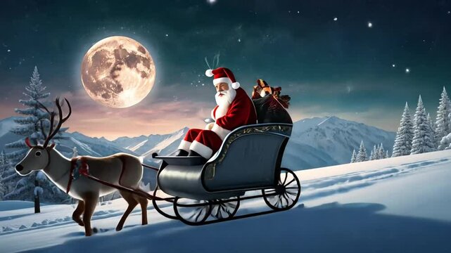 Santa flies in his sleigh with reindeer over a snowy, moonlit landscape. Twinkling stars and pastel hues create a magical, festive vibe.