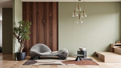 Generative AI, A Modern Living Room That Celebrates Artisanal Craftsmanship with Sculptural Furniture, Olive Green Textured Walls, and Rich Walnut Details