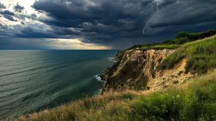  A dramatic coastal landscape with grassy cliffs overlooking the sea, dark storm clouds filling the sky, occasional flashes of lightning, and strong winds creating a powerful and turbulent atmosphere.