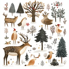 Whimsical forest creatures in winter scenery.