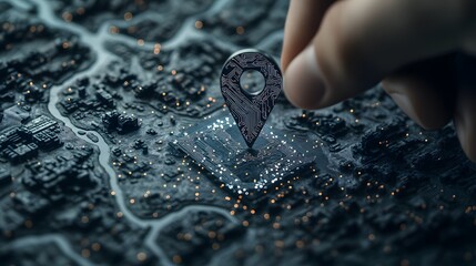Digital Hand with Glowing Circuit Patterns Interacting with High-Tech Map Interface for AI-Driven GPS and Logistics