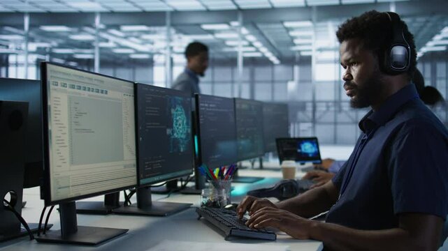 Computer scientist putting headphones on in server room, working to ensure minimal downtime. Engineer using audio device to hear podcasts in data center, monitoring performance, camera A
