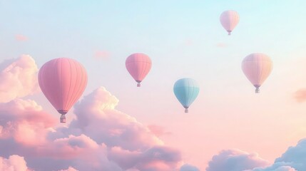 Obraz premium Pink and blue hot air balloons ascend across a vast, pale blue sky, soaring over soft, rose-colored sunset clouds for travel advertising headers.