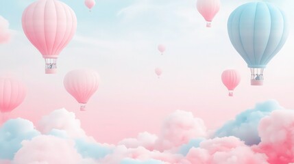 A pastel background with pink and blue gradients, filled with hot air balloons and soft clouds, conveying a light and floating sensation. 